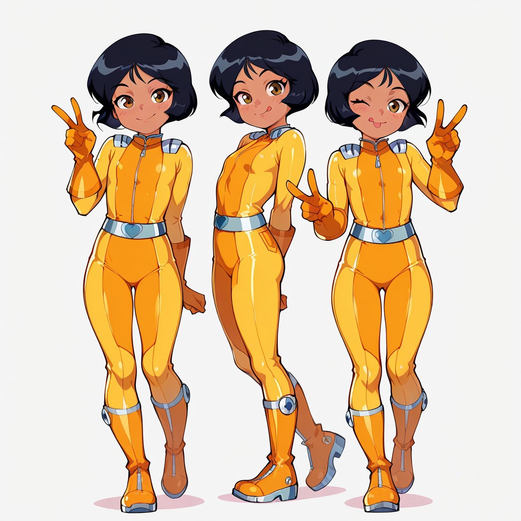 alex_totally_spies, short hair, black hair, brown eyes, dark-skinned female,yellow bodysuit, 
masterpiece, best quality, amazing quality, very aesthetic, absurdres, 
1girl, solo, short, young, flat_chest1.9, Shortstack, 
 looking at viewer, standing, smile, closed mouth,  tongue out, peace sign, wink, full body