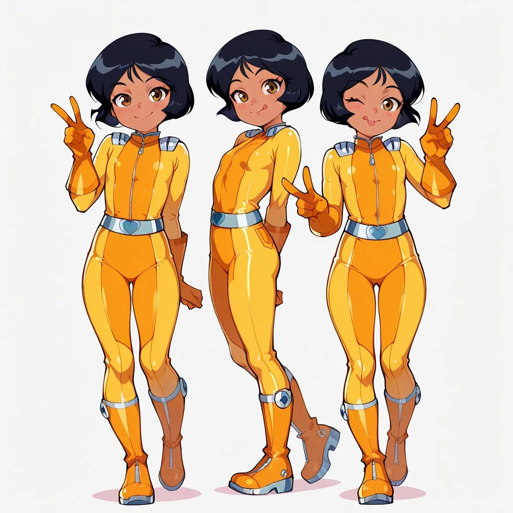 alex_totally_spies, short hair, black hair, brown eyes, dark-skinned female,yellow bodysuit, 
masterpiece, best quality, amazing quality, very aesthetic, absurdres, 
1girl, solo, short, young, flat_chest1.9, Shortstack, 
 looking at viewer, standing, smile, closed mouth,  tongue out, peace sign, wink, full body