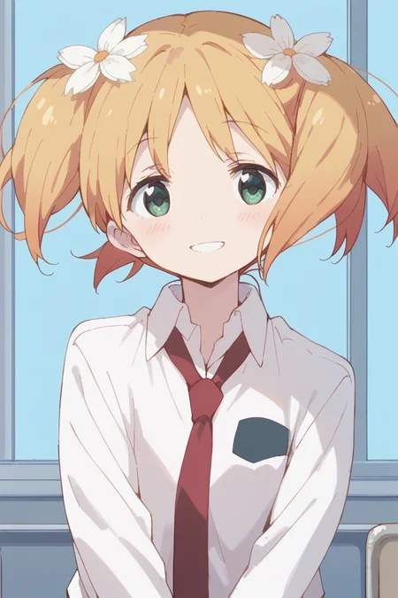 score_9, score_8_up, score_7_up, score_6_up,
<lora:Yuu_Sonoda:1> yuu, 1girl, hair flower, flower, hair ornament, solo, smile, twintails, blonde hair, necktie, green eyes, school uniform,