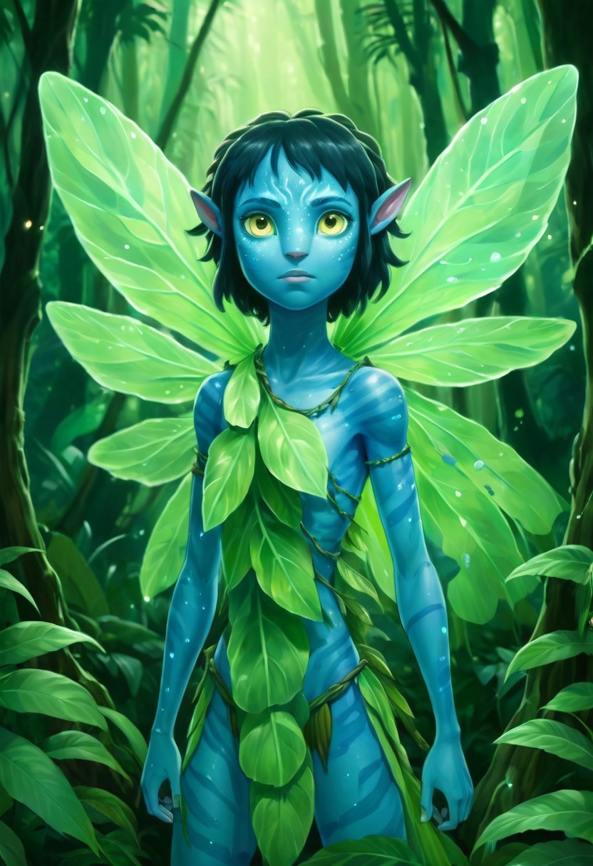 Studio Ghibli Style anime painting of a young female Avatar navi alien with blue skin, wearing leaf and bark armor, dressed up as a fairy with large translucent leaf wings in a bioluminescent jungle