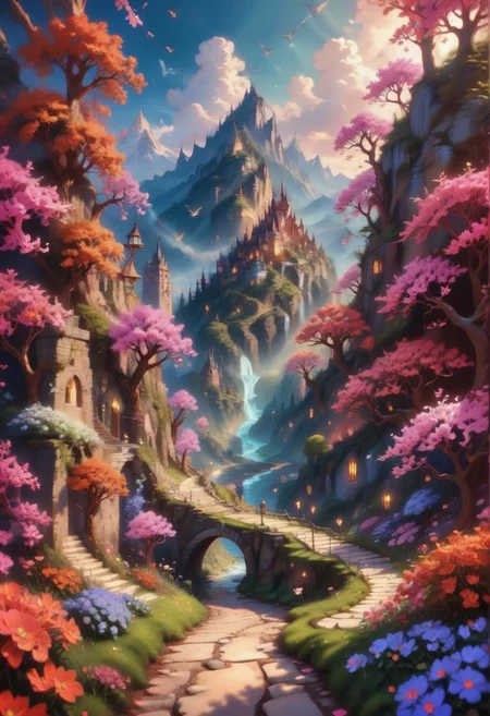 A serene fantasy landscape with a stone path leading into a lush valley framed by pink-blossomed trees. Bright flowers, ancient buildings, misty mountains, and a winding river create a peaceful, mystical atmosphere under a vibrant blue sky with floating clouds. Birds soar near the peaks, adding to the idyllic, magical feel of this inviting scene., bl4ckl1ghtxl, Jed-ANC