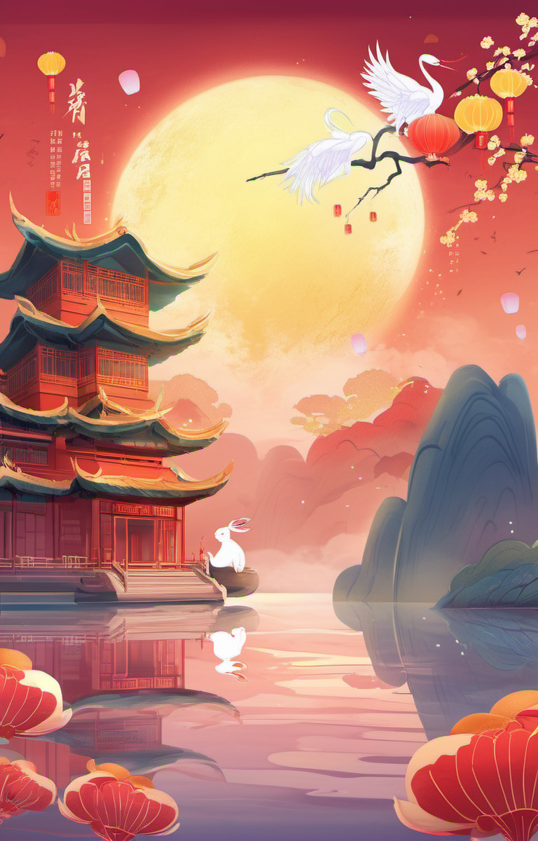 ethereal fantasy concept art of  masterpiece,best quality,<lora:zqhb-000009:0.8>,scenery,bunny,east_asian_architecture,full_moon,poster design,night_sky,border,say,put the mooncakes on the plate,red-crowned crane, . magnificent, celestial, ethereal, painterly, epic, majestic, magical, fantasy art, cover art, dreamy