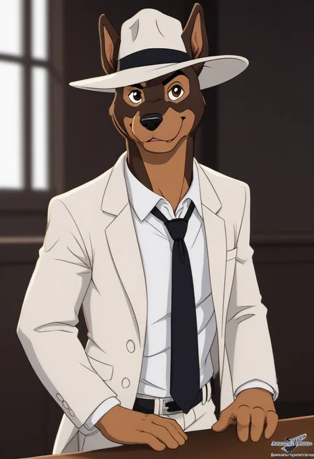 score_9, score_8_up, score_7_up, score_6_up, score_5_up, score_4_up, photorealistic, realistic, masterpiece), furry male, detailed face, detailed eyes, detailed hair, detailed fur, solo, WB_SketchV1
BREAK
Martin_Torque, Doberman, Anthro Dog, Brown Fur, Tan Markings, black eyes, black nose, white suit, white shirt, black tie, hat, fedora, white fedora, white pants, footpaws
<lora:DetailedEyes_V3:1>