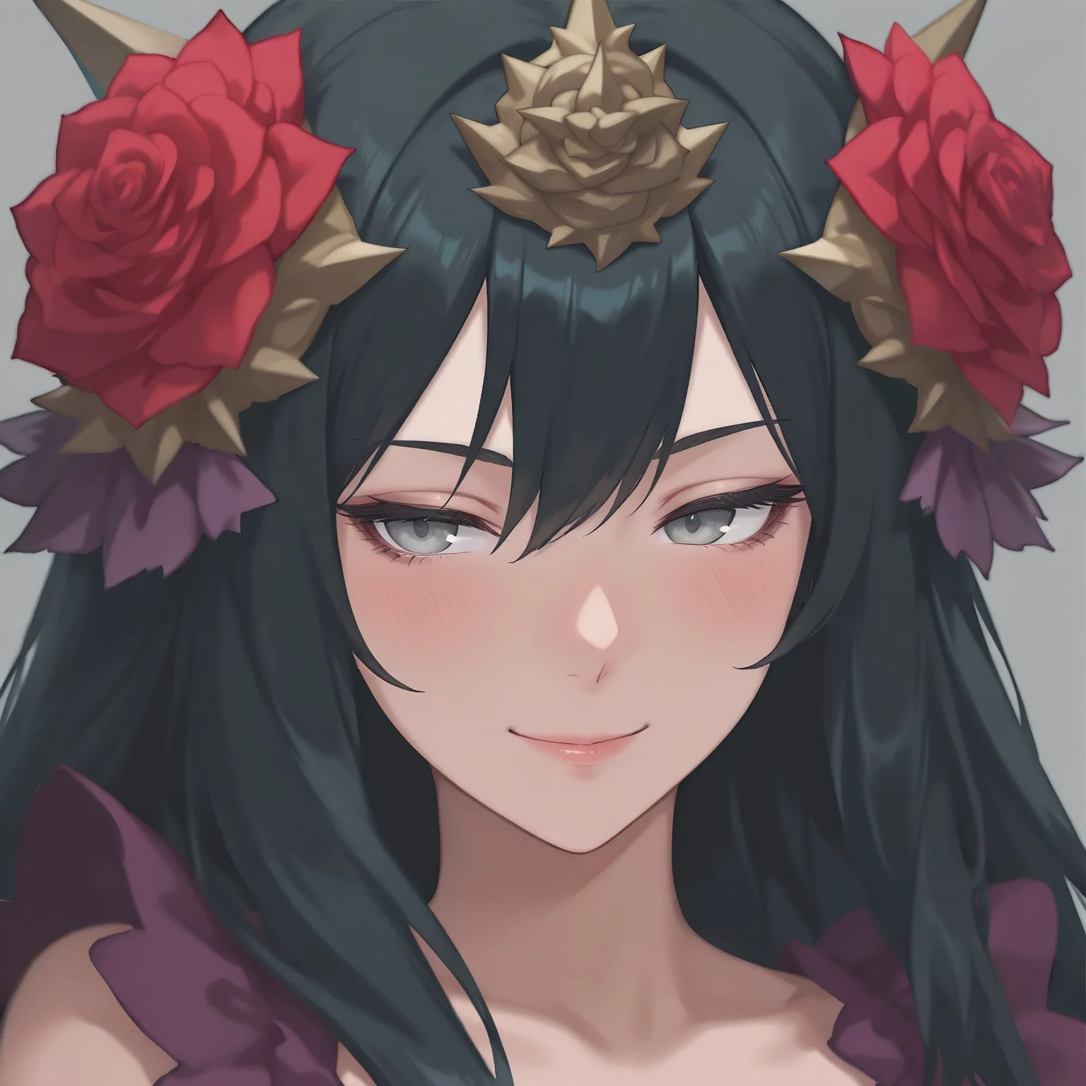 close-up, portrait, face focus, BREAK safe_pos, safe_pos, masterpiece, best quality, newest, realistic, solo, smile, blush, 1girl, RosequeenDragalia, 1girl, headgear, flowers on hair, rose, grey eyes, black hair, long hair, BREAK forest