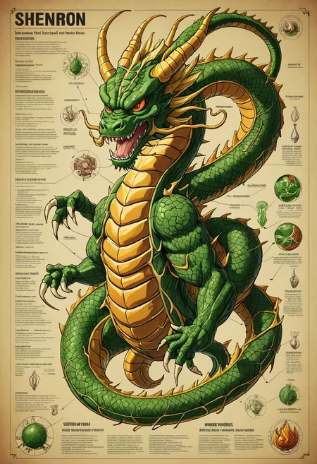 an anatomy diagram of Shenron from Dragon Ball, super detailed, intricate, illustration
