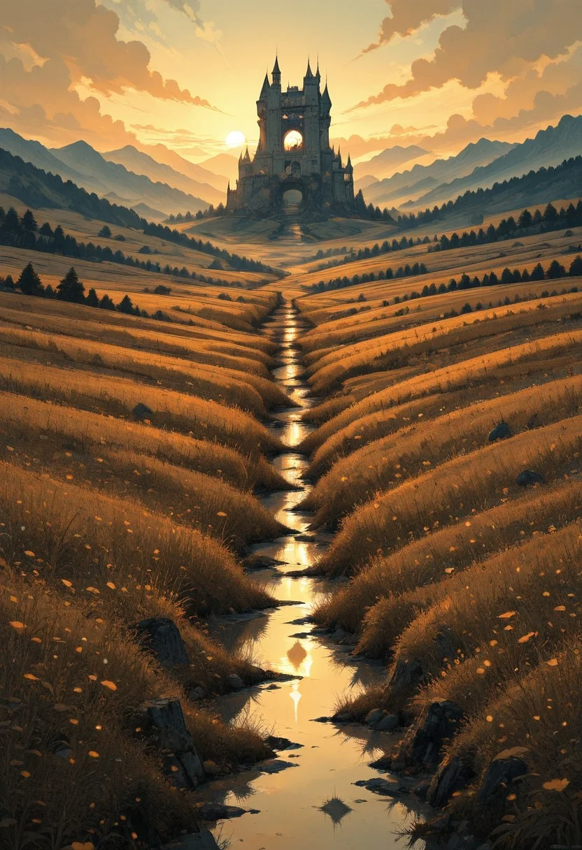masterpiece, best quality, good quality, very aesthetic, absurdres, newest, 8K, depth of field, focused subject, BREAK, abandoned european style castle, valley, terraced paddy field, at dawn, sunlight reflection on the paddy field, nature photography, HDR