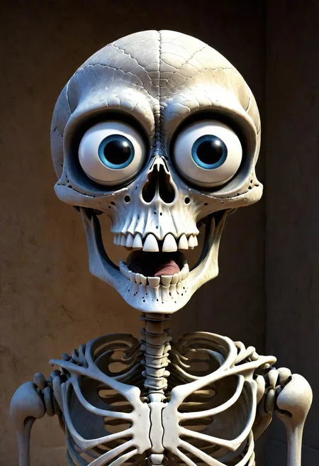 3d,art by pixar,cartoon, a fleshmutant old white skeleton, big eyes, dusty, cobwebs