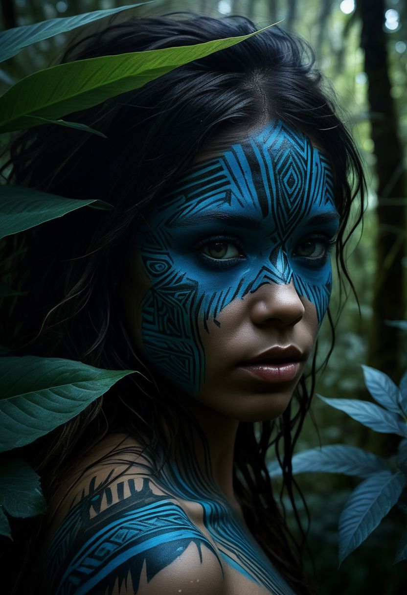 mysterious silhouette of a tribal woman, jungle, (blue warpaint over eyes only), goddess, alluring, by Minjae Lee, Carne Griffiths, Emily Kell, Steve McCurry, Geoffroy Thoorens, Aaron Horkey, Jordan Grimmer, Greg Rutkowski, amazing depth, double exposure, surreal, geometric patterns, intricately detailed, bokeh,  perfect balanced, deep fine borders, artistic photorealism , smooth,  great masterwork by head of prompt engineering   <lora:add-detail-xl:2>  <lora:Double_Exposure:0.5>