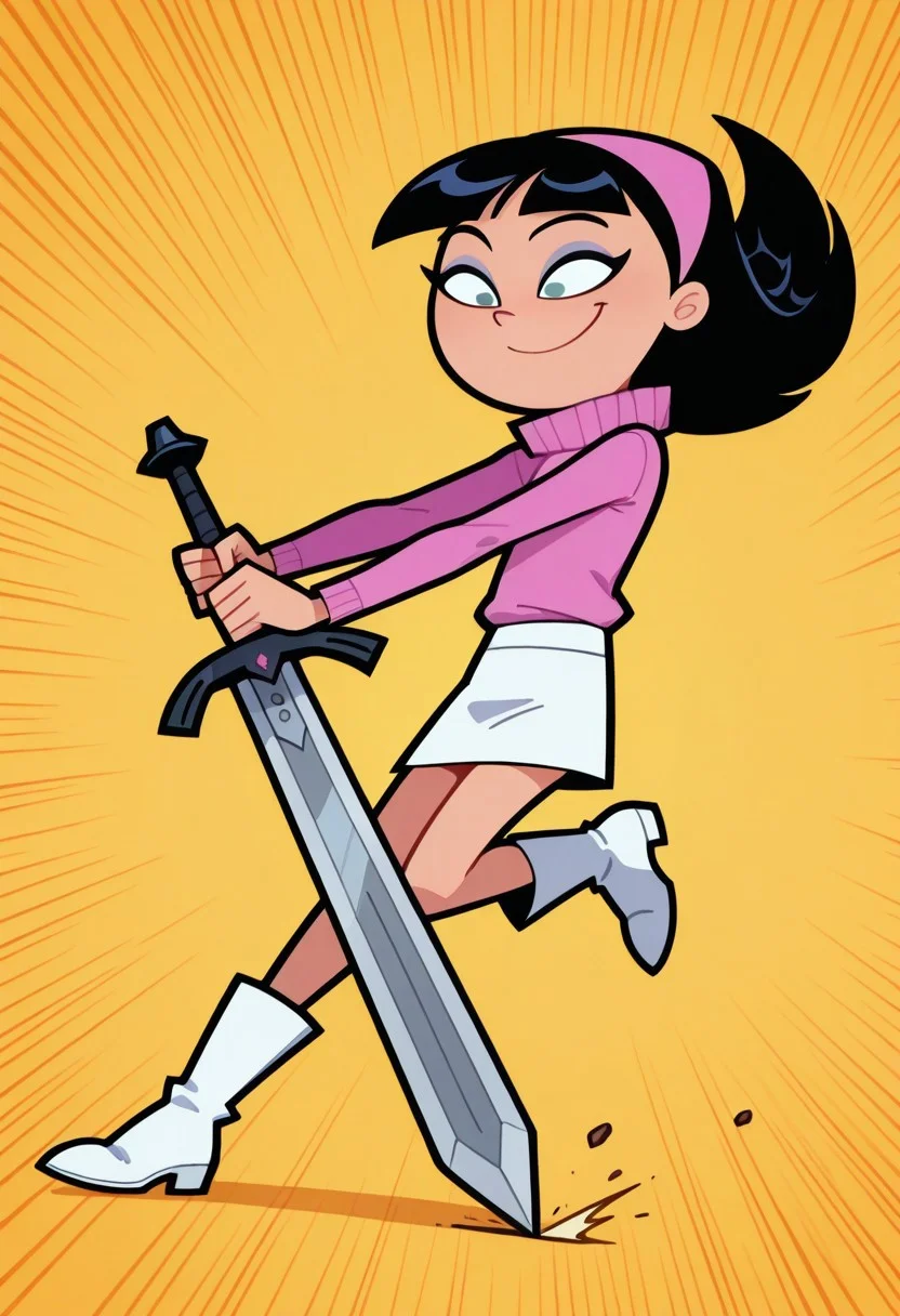 masterpiece, best quality, 1girl, solo, eyelashes, (beautiful eyes),
trixie, black hair, 1girl, pink turtleneck sweater, long hair, pink hairband, bangs, eyeshadow, smile, white skirt, makeup,white boots
,
inked drawing, hatching (texture), bold lines, high contrast, dramatic shadows, rough textures, dynamic pose, action, detailed broadsword, sword focus,