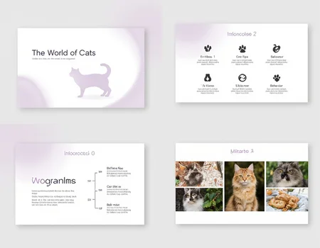 This set of four images showcases a sleek and elegant PowerPoint template for a feline-themed presentation; [IMAGE1] features a cover slide titled âThe World of Catsâ with a minimalist cat silhouette against a soft gradient background; [IMAGE2] organizes sections such as âBreeds,â âCare Tips,â and âBehaviorâ with paw print icons; [IMAGE3] presents an infographic on the evolution of domestic cats with a timeline; [IMAGE4] highlights a gallery of beautiful cat images with captions describing their unique traits and origins., flat chest