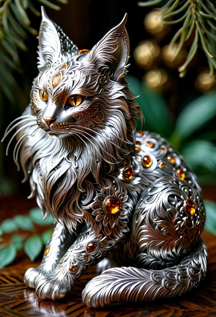 a unique, inadequate, unusual shape of random Mainecoon+botanical art object, filigree statuette, gloss metal silver, amber eyes, cloisonne enamel minankari, intricate details, ultra sharp, exquisite details, studio photo, soft lighting, End_JewelryMorph