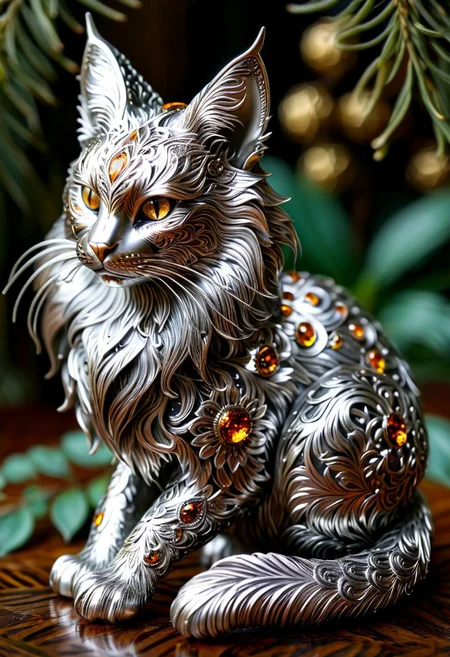 a unique, inadequate, unusual shape of random Mainecoon+botanical art object, filigree statuette, gloss metal silver, amber eyes, cloisonne enamel minankari, intricate details, ultra sharp, exquisite details, studio photo, soft lighting, End_JewelryMorph