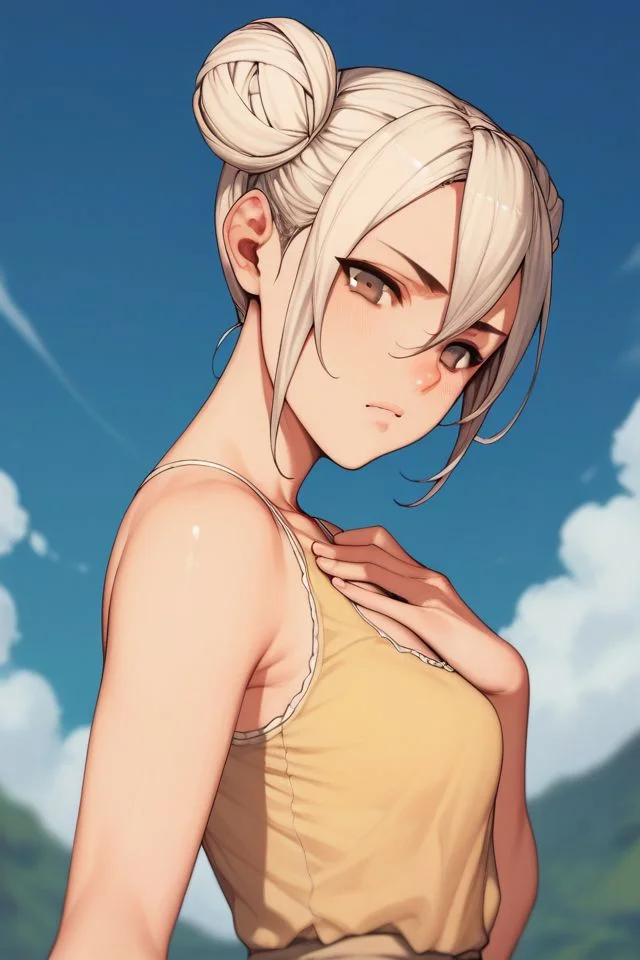 score_9, score_8_up, score_7_up, 1girl, puzzled, looking at viewer, hand_on_own_chest, white hair, hair_between_eyes, double bun, light brown eyes, small breasts, yellow blouse, outdoors, from side, no light <lora:Oda_non_PonyXL_style_v01:1>