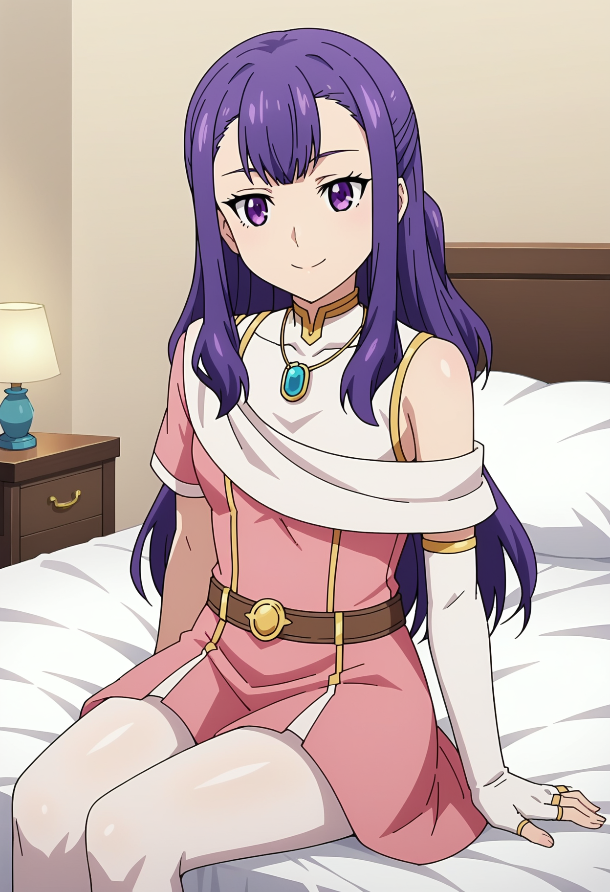 score_9, score_8_up, score_7_up, anime screencap, 1girl, solo, KushltanlAsaka, purple eyes, purple hair, long hair, ponytail, half updo, sidelocks, jewelry, necklace, pendant, pink dress, off-shoulder dress, gold trim, pink skirt, turtleneck, off shoulder, single bare shoulder, short sleeves, layered sleeves, white dress, sleeveless shirt, single sleeve, white pantyhose, asymmetrical clothes, belt, white gloves, elbow gloves, fingerless gloves, <lora:Kushitani Asaka-000010:0.9>, bedroom, sitting, on bed, nightstand, smile, cowboy shot, high quality,(best quality:1.1), masterpiece