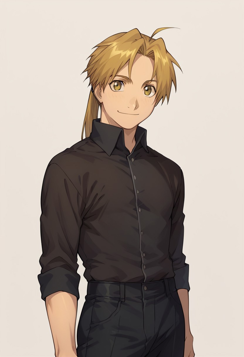 score_9, score_8_up, score_7_up, source_anime, highly detailed, 

alphonseelric, 
solo, 1boy, blonde hair, male focus, smile, yellow eyes, ahoge, ponytail, shirt, black shirt, black pants, looking at viewer.
