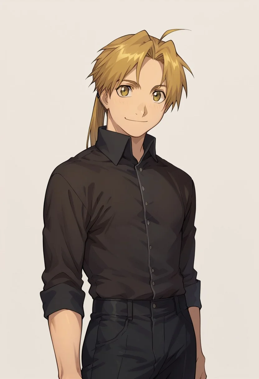 score_9, score_8_up, score_7_up, source_anime, highly detailed,
alphonseelric,
solo, 1boy, blonde hair, male focus, smile, yellow eyes, ahoge, ponytail, shirt, black shirt, black pants, looking at viewer.