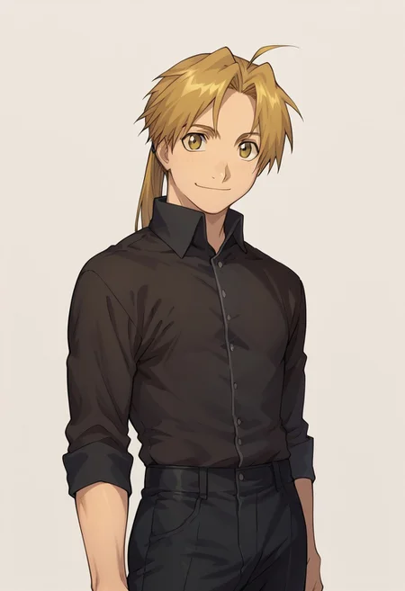 score_9, score_8_up, score_7_up, source_anime, highly detailed,
alphonseelric,
solo, 1boy, blonde hair, male focus, smile, yellow eyes, ahoge, ponytail, shirt, black shirt, black pants, looking at viewer.
