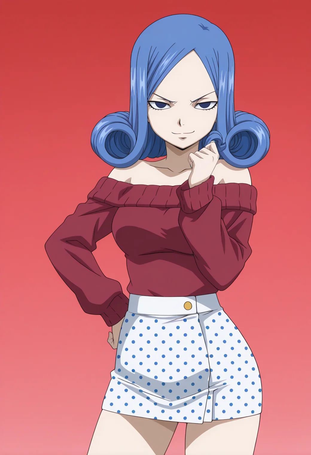 masterpiece, best quality, amazing quality, anime coloring, anime screencap, 1girl, <lora:DX888JuviaIL:1>juvia lockser, blue hair, curly hair, blue eyes, BREAK
red sweater, off-shoulder sweater, sweater tucked in, striped sweater, micro skirt, white skirt, polka dot skirt, red background pastel background, BREAK twirling hair, cowboy shot,, dynamic pose, smug, side smile, lowered eyelids, arrogant smile, smug smile,