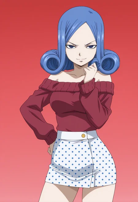 masterpiece, best quality, amazing quality, anime coloring, anime screencap, 1girl, <lora:DX888JuviaIL:1>juvia lockser, blue hair, curly hair, blue eyes, BREAK
red sweater, off-shoulder sweater, sweater tucked in, striped sweater, micro skirt, white skirt, polka dot skirt, red background pastel background, BREAK twirling hair, cowboy shot,, dynamic pose, smug, side smile, lowered eyelids, arrogant smile, smug smile,