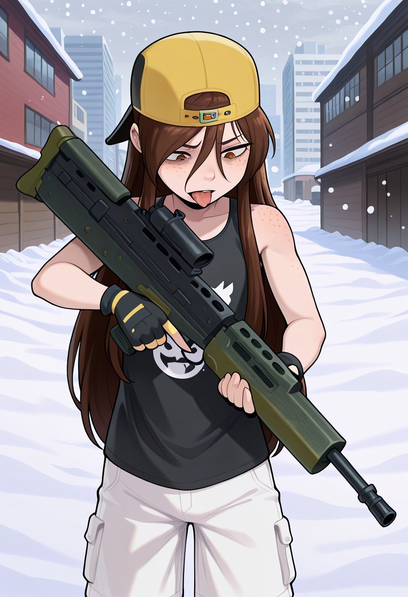 masterpiece, best quality, absurdres, 1girl, solo, female focus, Carol_CTO, freckles, brown hair, asymmetrical bangs, long bangs, bangs between eyes, sidelocks, very long hair, hair down, CTO_ska, backwards hat, baseball cap, yellow headwear, tank top, black tank top, print tank top, cargo shorts, white shorts, open mouth, tongue out, disgust, looking down, SA80, holding gun, gloves, fingerless gloves, outdoors, snow, city,