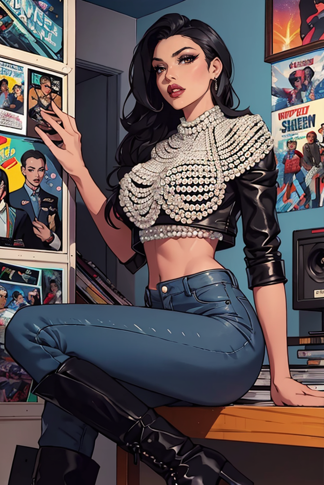 portrait, woman, adult, (black hair), HUD_P3arl_Sh4wl, jewelry, shawl made of pearls, high heels, makeup, lipstick, false eyelashes, <lora:HUD_P3arl_Sh4wl-07:0.75>, black leather jacket, fishnet shirt, ripped jeans, and platform boots, 1980s video store, walls of VHS tapes, movie posters, excited discussions over which film to rent, a sense of adventure in choosing, communal bonding over favorites