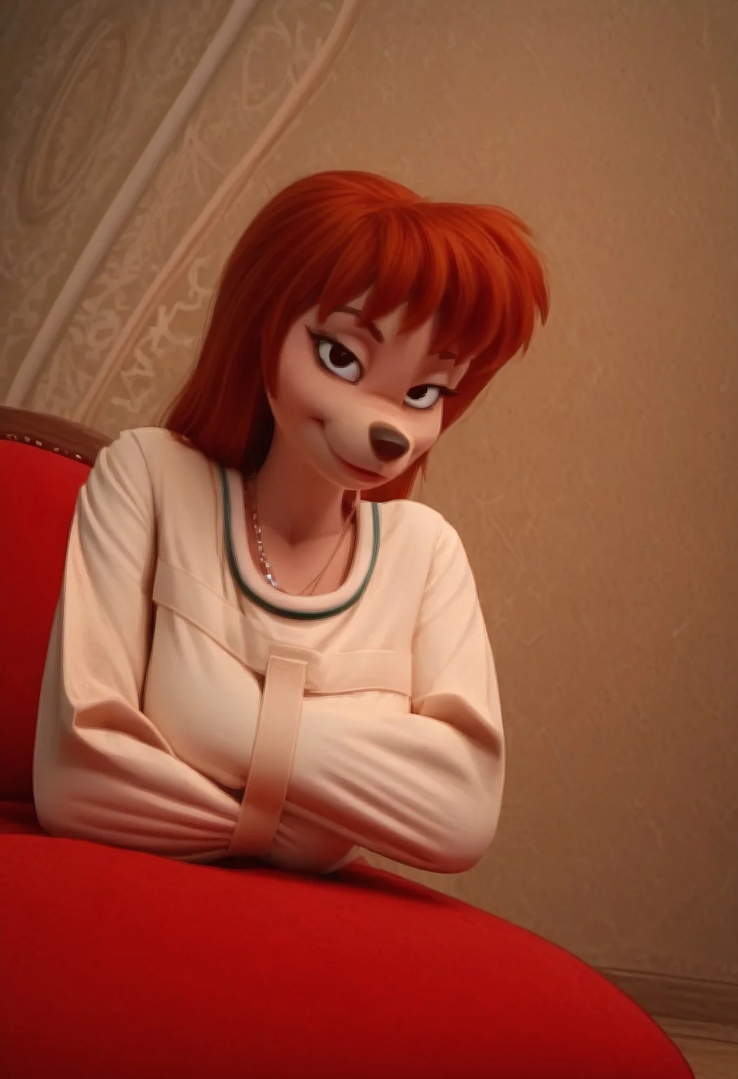 safe_pos, score_7, score_8, score_9, dynamic lighting, detailed background, background is old house, victorian house, living room, close up, dutch angle
BREAK
Solo, anthro, furry female, female, Peg Pete, tan fur, brown hair, animal nose, black eyes, very slender waist, very narrow waist, wide hips, massive breasts, teardrop breasts, long torso, very long legs, curvy legs, big hips, hourglass figure, feet claws, toned body, fit body, toned ass
BREAK
couch, modeling, on fainting couch, laying on side, looking at viewer, tied in a Straitjacket, ((arms crossed, hands not visible,)) smiling, large blue heart necklace,