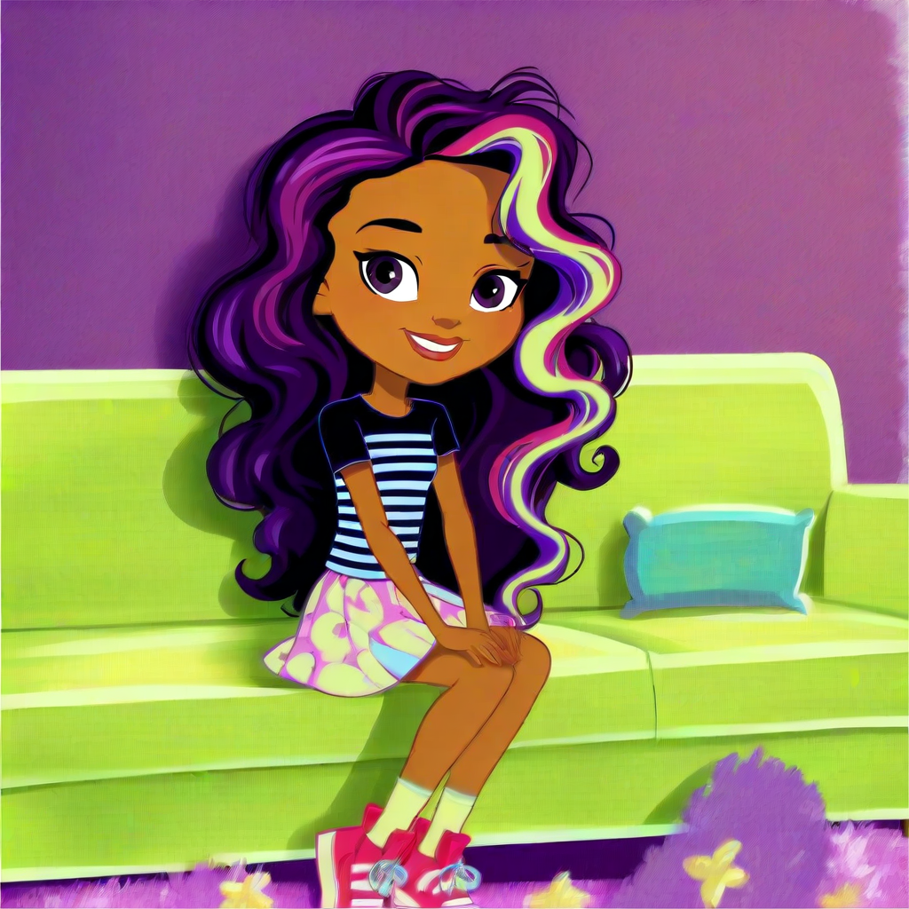 score_9, solo, rox_sd, 1girl, dark skin, purple hair, multicolored hair, long hair, striped, shirt, skirt, sneakers, sitting, sofa, smile