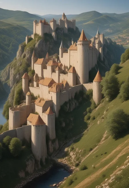 ultra realism, realistic image with high quality 8k and above, stable focus on an extremely breathtaking natural landscape from the Middle Ages, on an ancient knight's fortress built in the mountains and next to it there is a village with houses made of stone, wood, castle, ruins, fortress, castle, village , stone and wooden houses, tents, awnings, rocks, horses, full water river. boats, dense vegetation, protective wall around the village and the fortress, road, period middle ages, chivalric symbols, christian temple, road, in countries along the road medieval fighters dressed in traditional clothing typical of the middle ages in europe, color balance, golden hour,