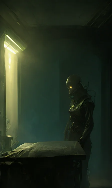 dark atmosphere eerie glow shadowy figure in the background dimly lit room greenish light mysterious setting sci-fi elements detailed textures cinematic perspective moody ambiance <lora:- SDXL - vanta-black_contrast_V3.0:0.8>   <lora:- iLL - alternative_style_jankyfier_V1.0-step00002500:1> <lora:ck-nc-cyberpunk-IL:0.4>  <lora:- iLL - temp_assorted_junk_V1.0-step00002500:1>