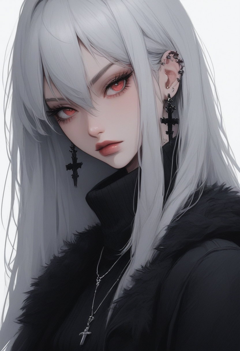 score_9, score_8_up, score_7_up, Goth girl, goth girl 1girl, 1girl,solo,long hair,looking at viewer,bangs,simple background,red eyes,white background,hair between eyes,jewelry,jacket,upper body,white hair,grey hair,earrings,necklace,sweater,lips,fur trim,eyelashes,turtleneck,piercing,cross,ear piercing,portrait,turtleneck sweater, black sweater,cross earrings,  <lora:add-detail-xl:0.4> , <lora:[GP] somethingweird [Pony XL]:0.2>, <lora:g0th1cPXL:0.3>,  <lora:Goth_girl_XL-v2:0.8> ,<lora:st4t1ctvXLP:0.8>