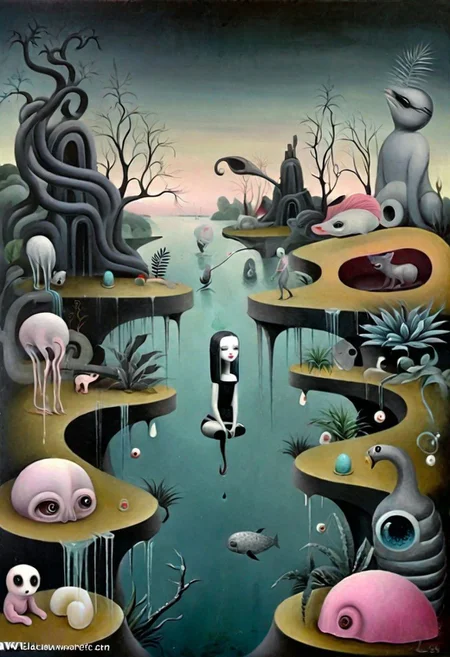 incredible lowbrow art style, surreal  waxdrippings beautiful landscape, dark biomorphic ,dark fantasy, people,water,plants,animals   ,More surrealism and madness.