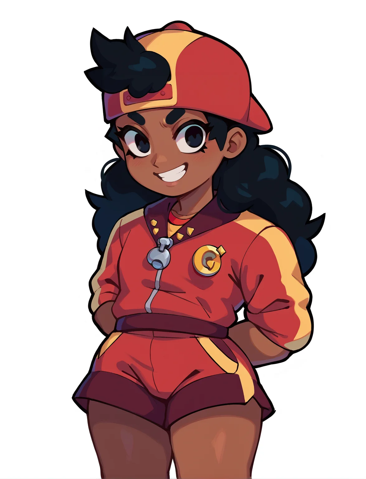 score_9, score_8_up, score_7_up, score_6_up, score_5_up, BREAK, 1girl, <lora:Meg_BrawlStars:1.2> bsmeg, dark skin, dark-skinned female, black hair, long hair, baseball cap, backwards hat, red jacket, red shorts, thick thighs, smile, black eyes, arms behind back, looking at viewer, 
white background, <lora:Khyleri_EXL:0.3> 
[<lora:sandcavern_Pony_locon_e24:0.6>:<lora:marthedog_locon_e24:0.7>:20]