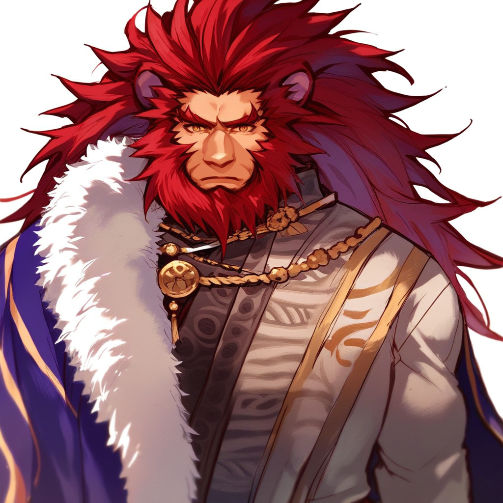 score_9, score_8_up, score_7_up, source_anime, solo, 1boy, fe_caineghis, long red hair, red beard, lion ears, orange eyes, robe, blue cloak, muscular, portrair, face focus,