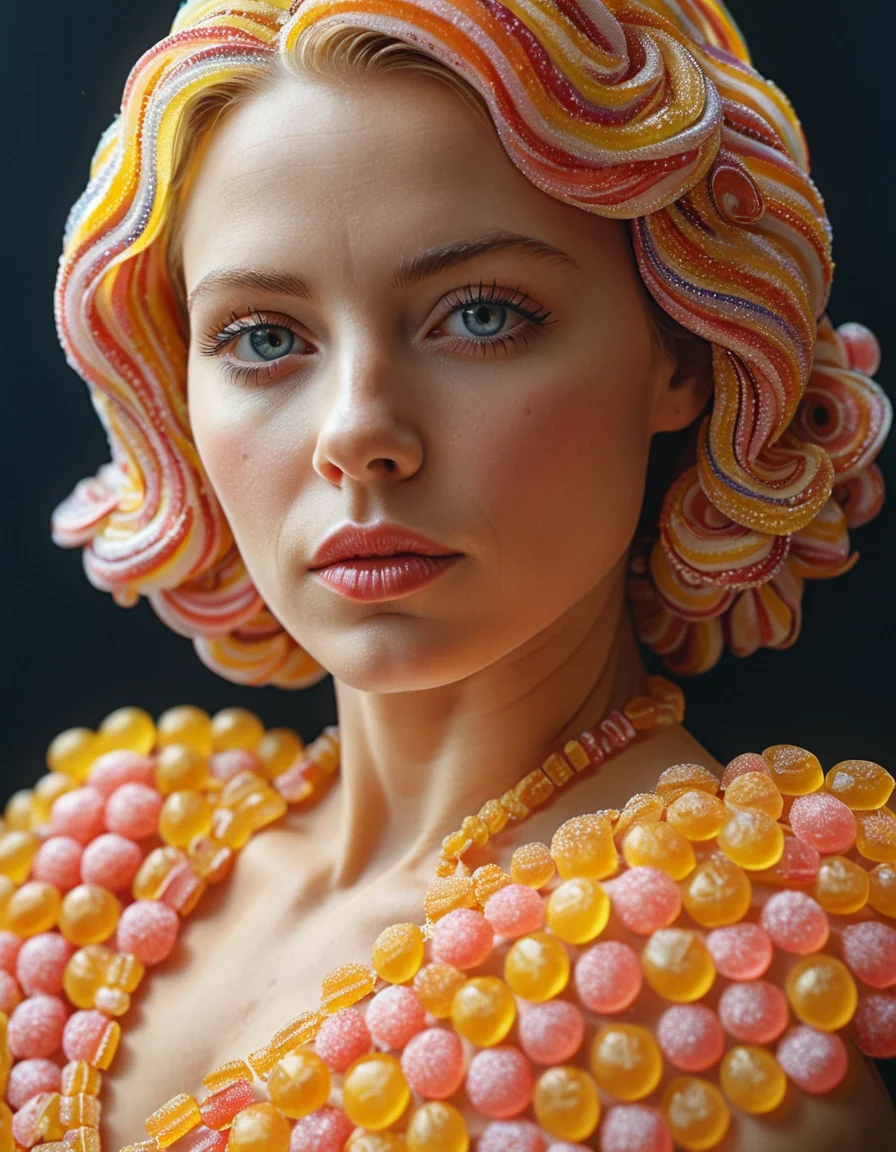 cinematic still 1woman made from candy, portrait . emotional, harmonious, vignette, 4k epic detailed, shot on kodak, 35mm photo, sharp focus, high budget, cinemascope, moody, epic, gorgeous, film grain, grainy, 1woman made from candy, portrait, highly detailed, full color, dynamic composition, elegant, intricate, beautiful, sharp focus, fair quality, artistic, cinematic, fine detail, dramatic light, professional, winning, new, shiny, colorful, unique, cool, awesome, creative, cute, iconic, amazing, fantastic, attractive, stylish, great, perfect, vibrant
