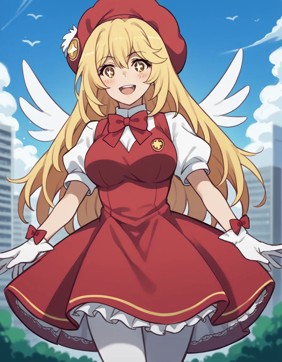 score_9, score_8_up, score_7_up, source_anime, misakishokuhou, <lora:misaki-shokuhou-s3-ponyxl-lora-nochekaiser:1>, misaki shokuhou, blonde hair, hair between eyes, long hair, symbol-shaped pupils, yellow eyes, large breasts,, <lora:sakura-kinomoto-cosplay-ponyxl-lora-nochekaiser:1>, sakurakinomotocosplay, kinomoto sakura \(cosplay\), bow, bowtie, dress, gloves, hat, magical girl, pantyhose, petticoat, ppuffy short sleeves, puffy sleeves, red bow, red bowtie, red dress, red hat, short sleeves, white gloves, white pantyhose, white wings, wings,, outdoors, open mouth, blush, smile, flying,, cowboy shot, dutch angle, solo,
