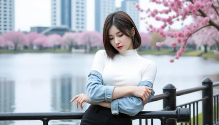 hyper-realisitic, hyper-detailed, detailed clothing, detailed foreground, RAW photo, detailed lighting, woman,
A breeze stirs the edge of a still spring afternoon as a young woman leans gently against the iron railing by the lake, the surface of the water mirroring the blossoms falling slowly from above. Her arms are crossed firmly across her chest, hugging herself against something unspoken, while her gaze drifts downward — not toward the lake, but inward, as though sifting through memories held tight behind those half-lidded, tired eyes. Her short chestnut brown bob is unkempt by the wind, strands swept haphazardly over her forehead and across one cheek, partially obscuring the delicate curve of her expression. Her eyes, once lively, are now weighed down with the soft shadow of reflection, framed by dark lashes damp with emotion. Her lips, softly tinted with a petal-pink hue, are barely parted, as if caught in the act of whispering to herself. She wears a structured white turtleneck tucked neatly into high-waisted black pants, and over it, a pale blue denim jacket clings loosely to her frame, sleeves draping low and unfastened, as though she couldn’t muster the effort to adjust it. Around her, cherry blossoms drift silently, some caught in her hair, others clinging to the metal rail. The towering buildings across the lake loom in the blurred background, tall and ghostlike, as if echoing the weight she carries. The entire scene hums with nostalgia and unresolved emotion — not loud grief, but the ache of holding on to what’s already gone. It’s a cinematic frame frozen in quiet heartbreak, the moment when remembering hurts more than forgetting.
<lora:MoriiMee_Gothic_Niji_Style_FLUX:0.4> <lora:Flux__Semi-realistic_art_style-000004:0.6>