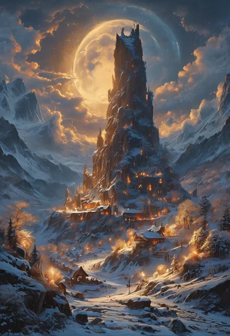 A captivating night scene illustration featuring a grand WOODEN viking long house standing tall on a large snowy hill overlooking a lake. The beautiful viking longhouse adorned with some windows, emits a warm glow, highlighting its incredible craftsmanship. The snowy  hill is covered in great pine trees, reflecting on the calm, moonlit snow  that mirrors the silvery moonlight. The full moon graces the sky, casting an ethereal glow on the clouds and mountain, while wispy clouds partially obscure its brilliance, adding to the scene's mystique. Twinkling stars dot the sky, creating a celestial tapestry that harmonizes with the moon's radiance. This enchanting artwork captures a serene and peaceful night, where the illuminated WOODEN viking longhouse stands resolute amidst the celestial beauty, creating a cinematic experience., illustration, cinematic
<lora:DonM3t3rn1tyXL-v1.1:0.7>, DonM3t3rn1tyXL,
OverallDetailXL  <lora:MJ52:0.3>  <lora:SDXLFaeTastic2400:0.4>  <lora:EpicF4nta5yXL:0.7>