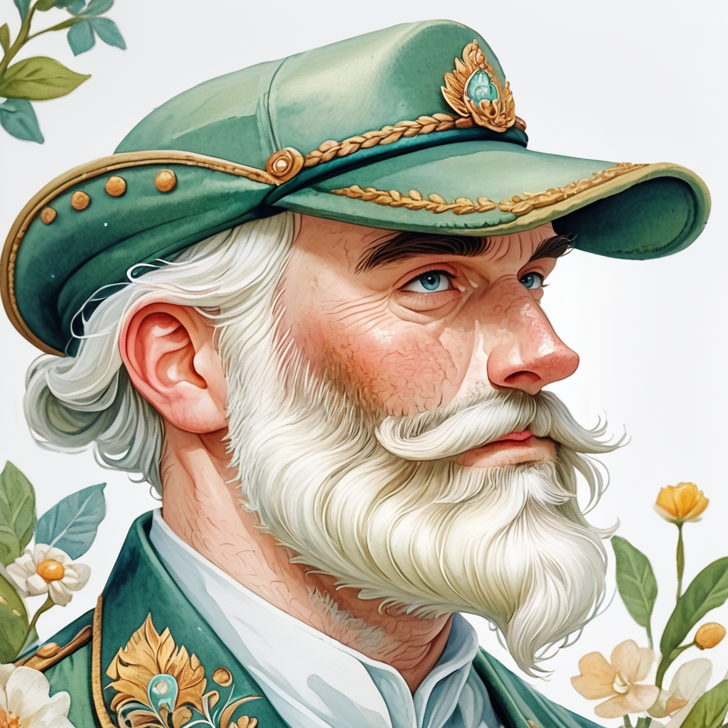Score_9, score_8_up, score_7_up, score_6_up, BREAK <lora:Soft_Verdant_WatercolorPony:1> ArsMJStyle, Soft Verdant Watercolor, The image shows a man with a white beard wearing a green hat surrounded by flowers and leaves., 1boy, male focus, flower, hat, solo, facial hair, beard, uniform, traditional media, white hair