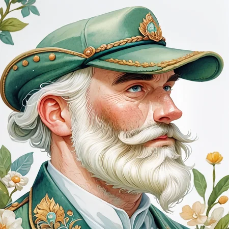 Score_9, score_8_up, score_7_up, score_6_up, BREAK <lora:Soft_Verdant_WatercolorPony:1> ArsMJStyle, Soft Verdant Watercolor, The image shows a man with a white beard wearing a green hat surrounded by flowers and leaves., 1boy, male focus, flower, hat, solo, facial hair, beard, uniform, traditional media, white hair