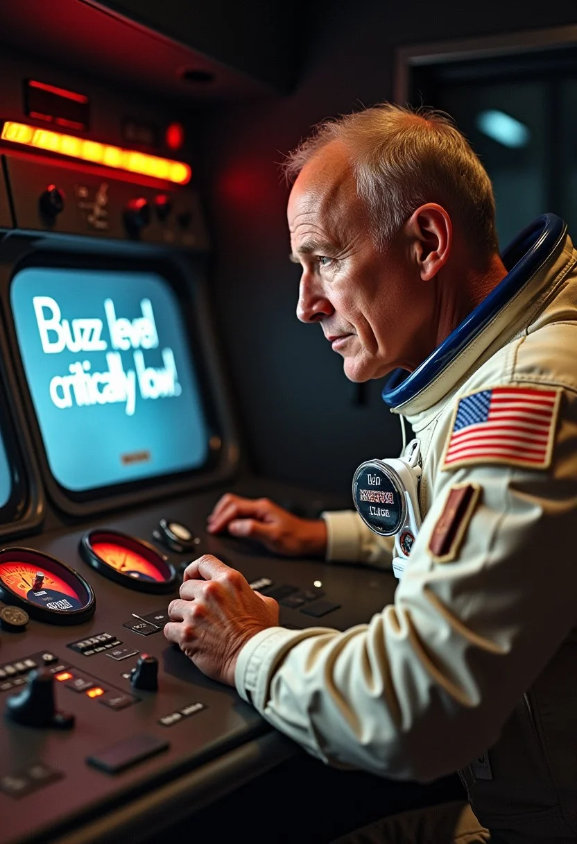 Hyper-realistic portrait of The astronaut Buzz Aldrin, wearing a space suit, working in front of a spaceship panel with led, gauges, cursor and levers. He is watching a gauge with the needle at 0, the text label "Buzz level" under it. The monitor contains the write "Buzz level critically low!" that is clearly visible.
The overall image is sharp and crisp, with warm colors and volumetric atmosphere.