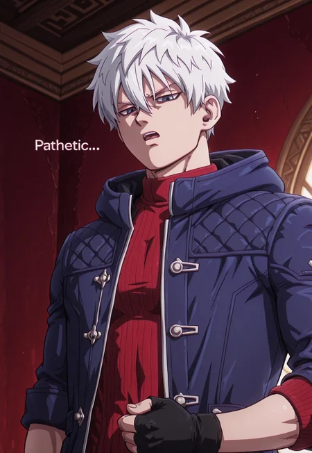 dbstyle, masterpiece, best quality, hyper-Detailed, 1man, solo, male focus, alone, detailed, dmc5_nero ((toned body, fair skin, white hair, hair between eyes, hair over ears, blue detailed eyes,)), ((wearing blue coat with folded sleeves to the elbowl with hood, red sweater, black fingerless gloves,)), portrait, pathetic_meme, looking down, looking at viewer, serious, open mouth, upper body, english text, text:"pathetic", half-closed eyes, <lora:pathetic:1>