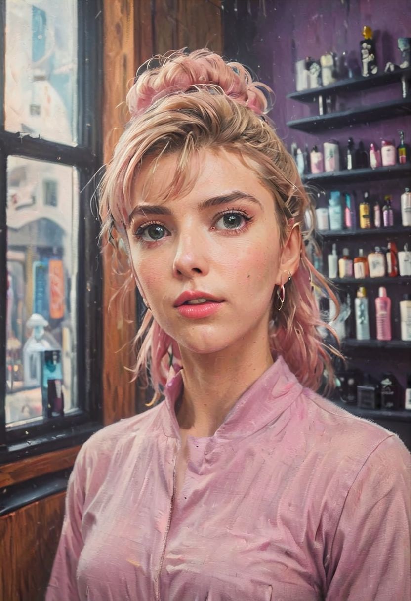 ((a beautiful woman in a Hair Salon, pink and black purple color Palette, urban city  window view)), 
bust shot, close-up lips, 
modern interior design, cyberpunk, 
Recliner|Dressing table|Table lamp|Screen|Monitor|Signboard_Details,
Metal|Glass|Leather|Textiles|Carpet|Pillow_Texture,
perfect blonde hair, 
(modern photo, fashion dress up:1.1), 24mm, (analog, cinematic, film grain, hazy atmosphere, detailed eyes, (seductive), (epicPhoto), (looking at viewer), (cinematic shot:1.3),
ac_neg1, great lighting, extremely detailed, happy, Hair Salon, impressionist painting, zoya