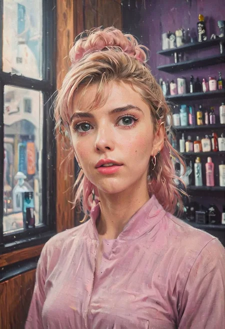 ((a beautiful woman in a Hair Salon, pink and black purple color Palette, urban city  window view)), 
bust shot, close-up lips, 
modern interior design, cyberpunk, 
Recliner|Dressing table|Table lamp|Screen|Monitor|Signboard_Details,
Metal|Glass|Leather|Textiles|Carpet|Pillow_Texture,
perfect blonde hair, 
(modern photo, fashion dress up:1.1), 24mm, (analog, cinematic, film grain, hazy atmosphere, detailed eyes, (seductive), (epicPhoto), (looking at viewer), (cinematic shot:1.3),
ac_neg1, great lighting, extremely detailed, happy, Hair Salon, impressionist painting, zoya