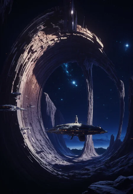 scene art, stocky Dutch ship in majestic space, high wall of nebula wave, Dynamic pose, sci-fi, detailed, inspired by Stephen Spielberg, galaxy in the backgroound, DreamArt