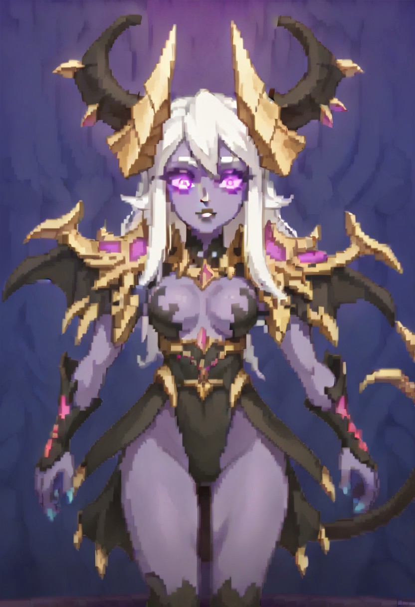 score_9, score_8_up, score_7_up, score_6_up, score_5_up, score_4_up, rating_safe, pixel art, cute, Lilith, 1girl, white hair, sidelocks, long hair, purple eyes, glowing eyes, horns, colored skin, purple skin, black lips, breasts, shoulder armor, tail, wings, simple background