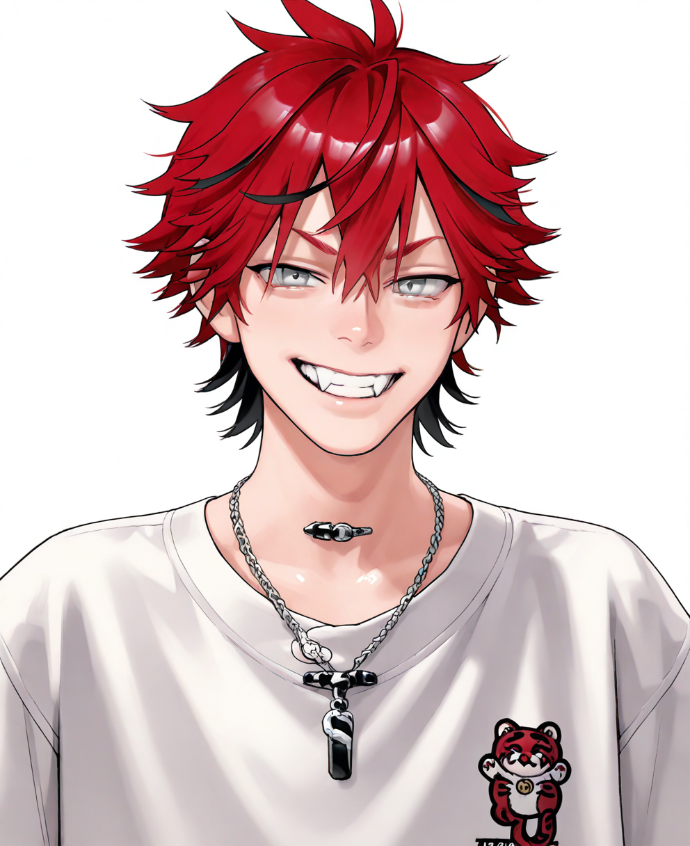 <lora:gokurakugai:1> gokurakugai,
(masterpiece), (best quality), (ultra-detailed), amazing quality, very aesthetic, illustration, perfect composition, intricate details, absurdres, incredibly absurdres, shiny skin, realistic,
 gokurakugai, 1boy, male focus, red hair, solo, multicolored hair, black hair, necklace, shirt, jewelry, white shirt, looking at viewer, streaked hair, teeth, hair between eyes, short hair, white background, virtual youtuber, fangs, smile, tone hair, grey eyes, open mouth, simple background, upper body, general