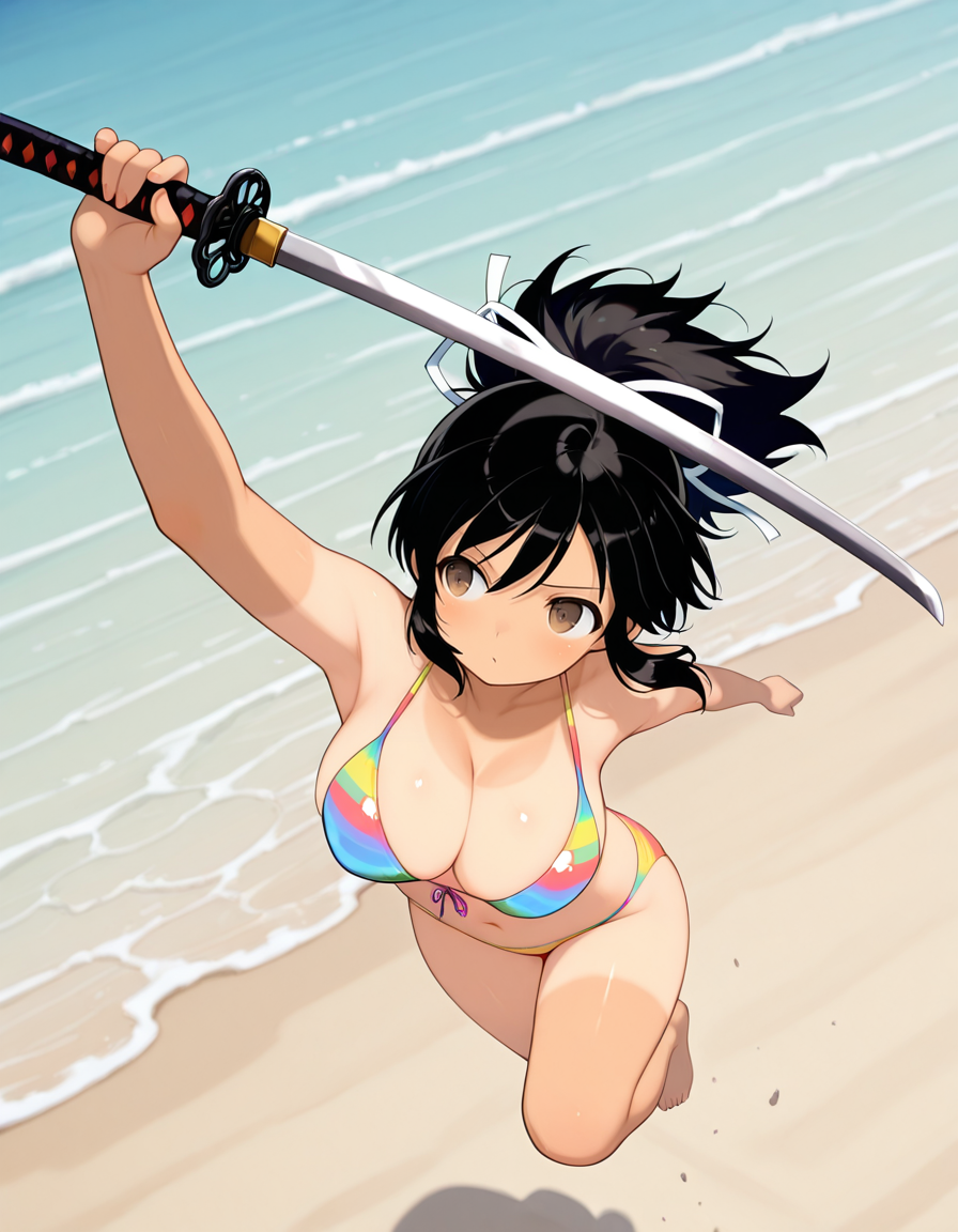 masterpiece,best quality,highres illustration,detailed face,1girl,from above,looking away,<lora:nb_tanlines_ILv2:1.2>,tanlines,asuka \(senran kagura\),bikini,colorful bikini,jumping,holding katana,beach,