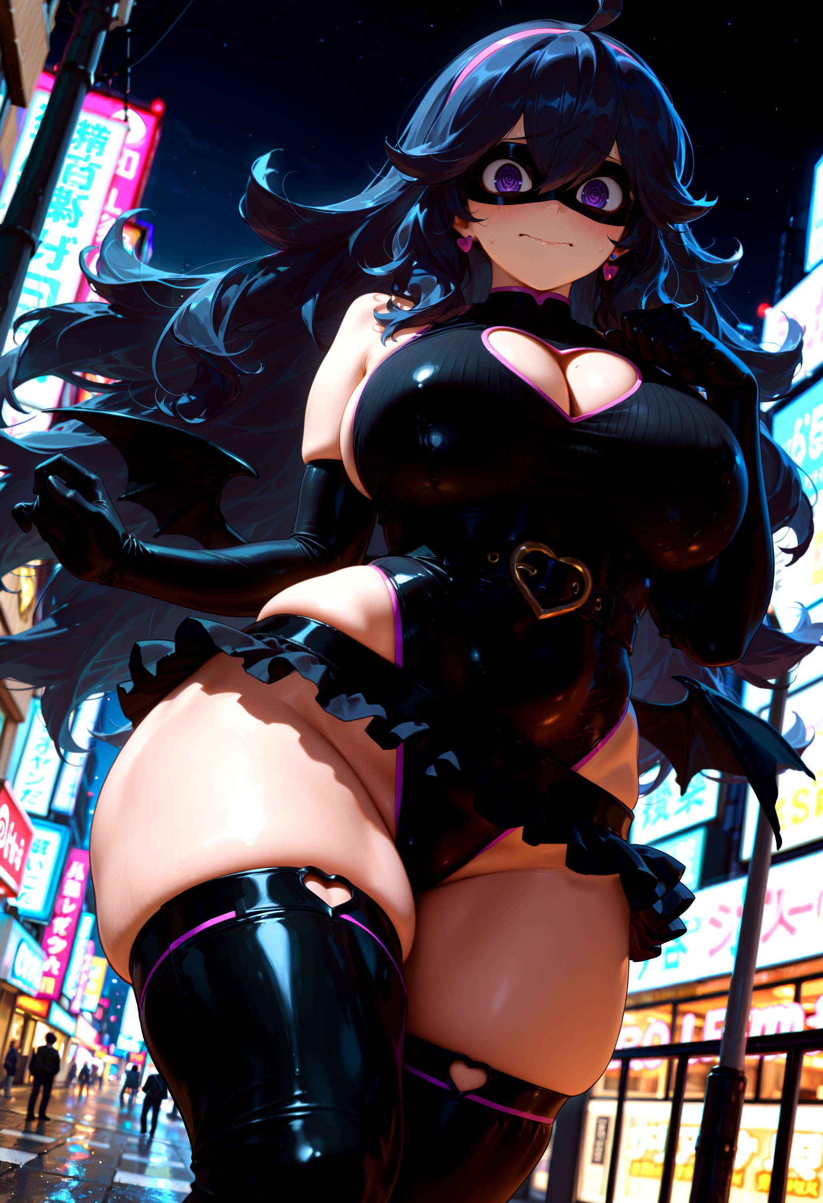 masterpiece, best quality, very aesthetic, newest, photo-referenced, detailed clothing, detailed shading, dynamic pose, dutch angle, dark, volumetric lighting, BREAK hex maniac \(pokemon\), curvy, spiral eyes, black mask, domino mask, black leotard, black miniskirt, frilled skirt, black belt, heart cutout, big breasts, cleavage cutout, belly, bows, pink earrings, black thighhighs, thick thighs, highleg leotard, pink trim, hip wings, black elbow gloves, BREAK outdoors, city, night, looking at viewer, embarrassed, covering self, skindentation, <lora:Character\Pop Step Illu:0.8> <lora:Detailer\illustriousXLv11_stabilizer_v1.113:0.5>