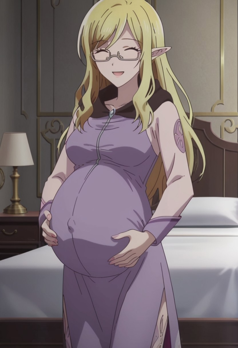 best quality, masterpiece, 4k, perfect lighting, very aesthetic, anime, anime coloring, official art, anime screencap,
bedroom, large pregnant belly, happy, smile, hand on belly,
Steina, elf, glasses,