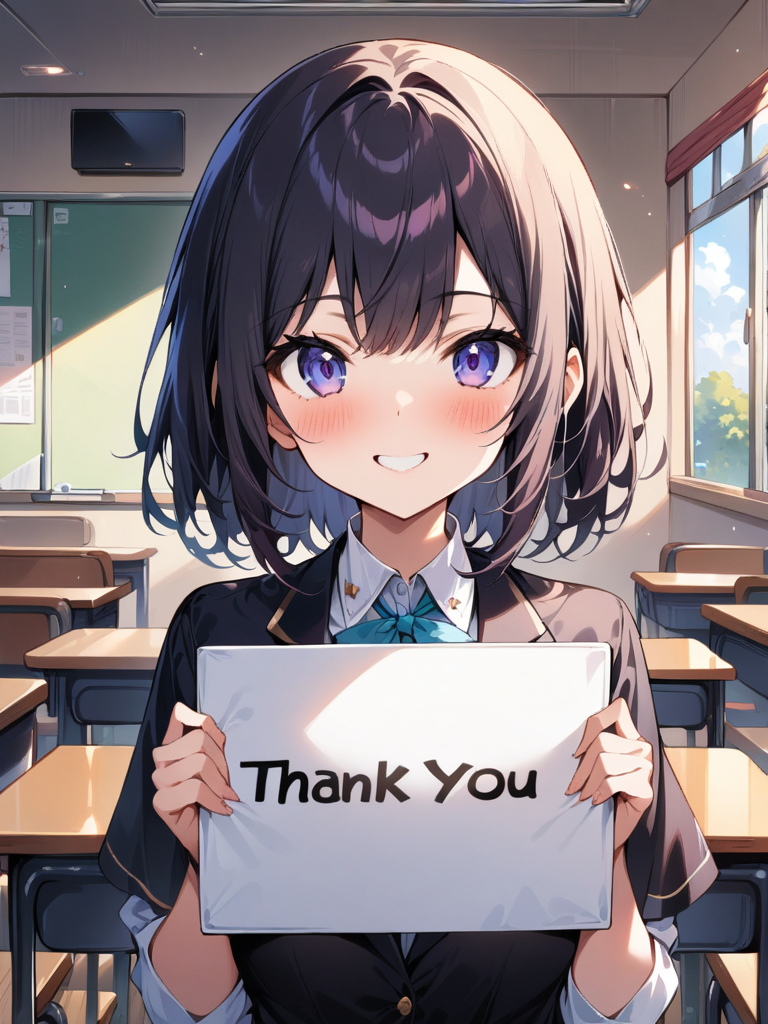 masterpiece,(best quality),highly detailed,ultra-detailed,
1girl,classroom,
smile,upper body,<lora:holding blank sign_A_XL_01:1>,holding blank sign,Hold up a sign saying thank you.,
